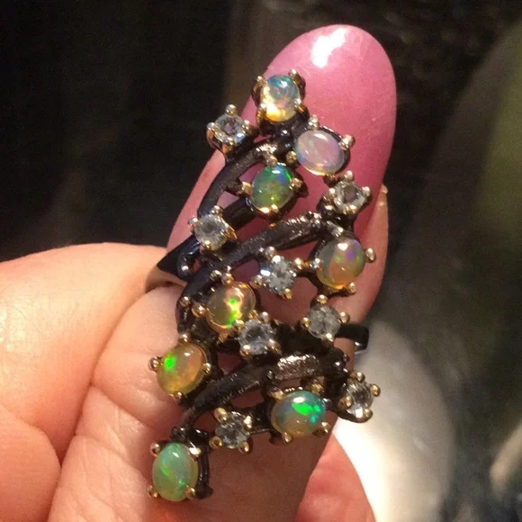 Enchanting Genuine Fiery Opals & Topaz Ring